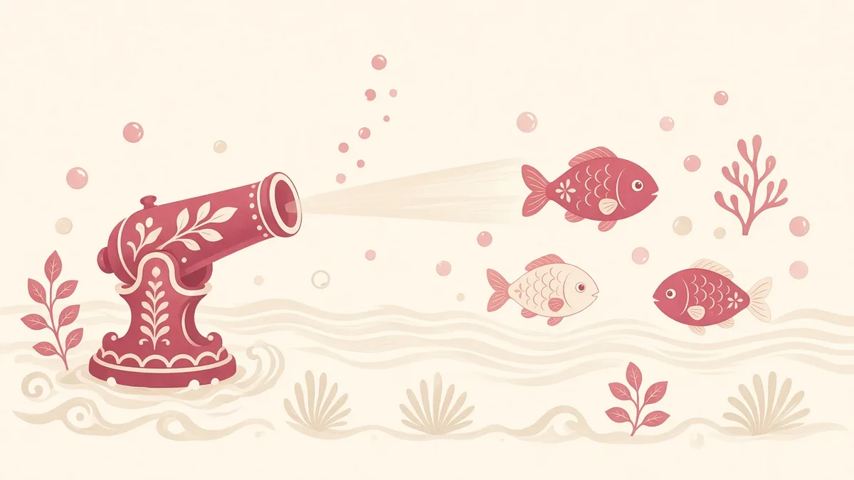 Rose and ivory fish-shooting room illustration